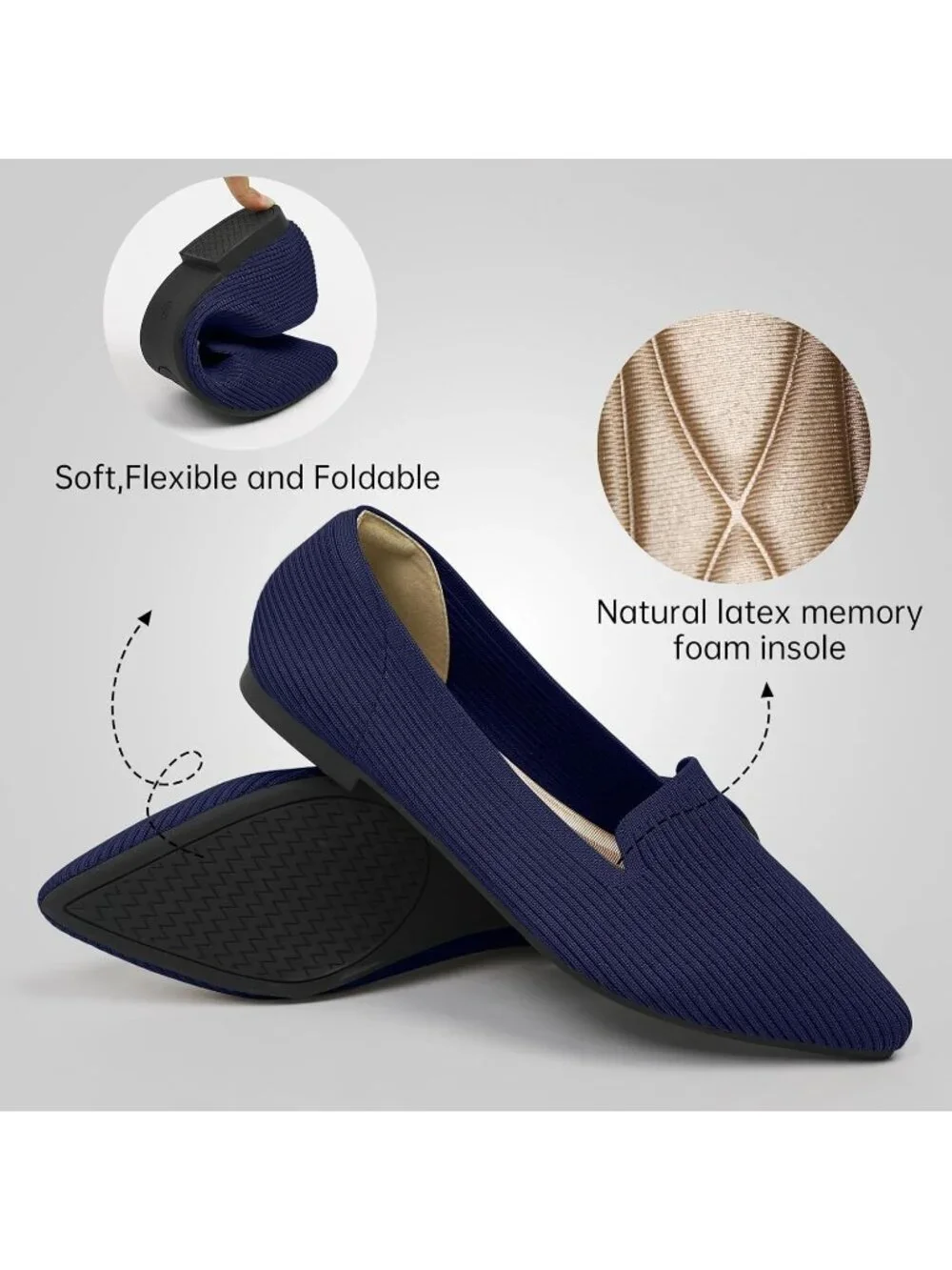 Women's Navy Pointed Toe Knit Ballet Flats Washable Important Work Shoes